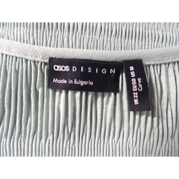 Asos Curve Design Sz 18 Top Blouse Shirt Crinkle Mint Green Deep V Puff Sleeve - Picture 7 of 13